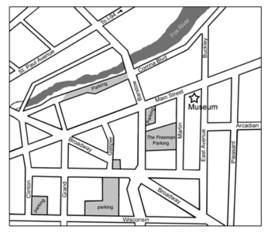Map of Waukesha County Museum with streets and parking